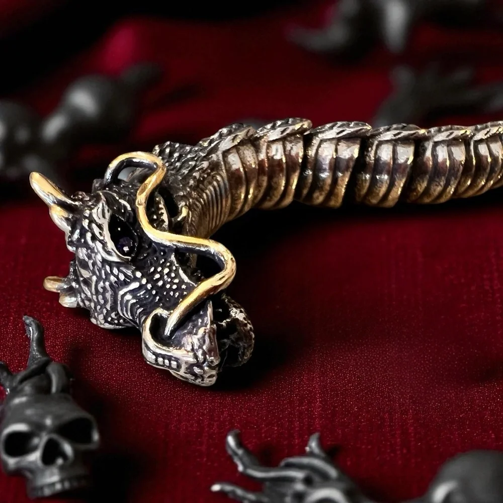 Bold Silver and Brass Toned Ouroboros Blue Eyed Dragon Bracelet 8.5”